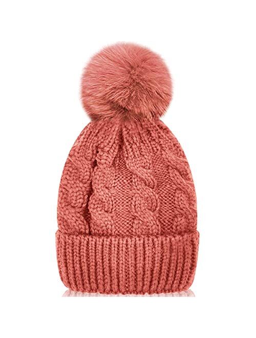 Whiteleopard Kid Beanie Hats Lining Pom Pom for Children -Slouchy Cable Knit Toddler Skull Hat Baby Ski Cap for Girls Boys