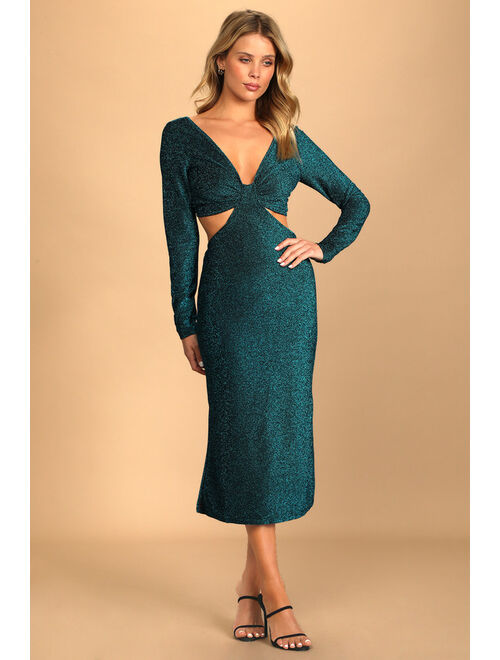 Lulus Sparks of Love Metallic Blue Cutout Long Sleeve Midi Dress