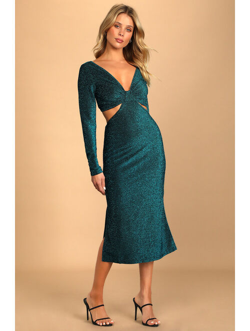 Lulus Sparks of Love Metallic Blue Cutout Long Sleeve Midi Dress