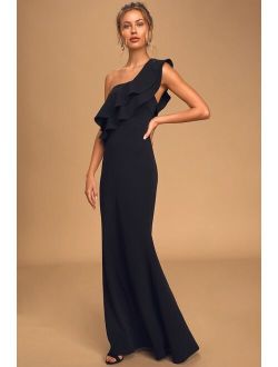 Grand Beauty Black Ruffled One-Shoulder Mermaid Maxi Dress