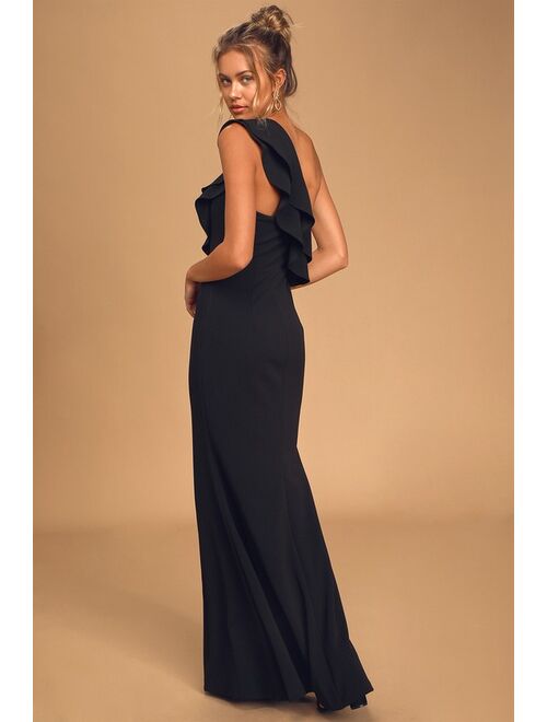 Lulus Grand Beauty Black Ruffled One-Shoulder Mermaid Maxi Dress