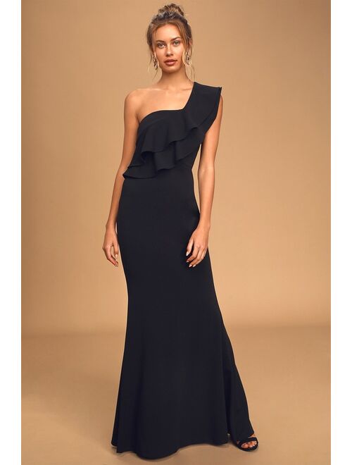 Lulus Grand Beauty Black Ruffled One-Shoulder Mermaid Maxi Dress