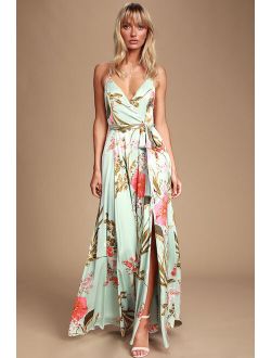 Still the One Sage Green Floral Print Satin Maxi Dress