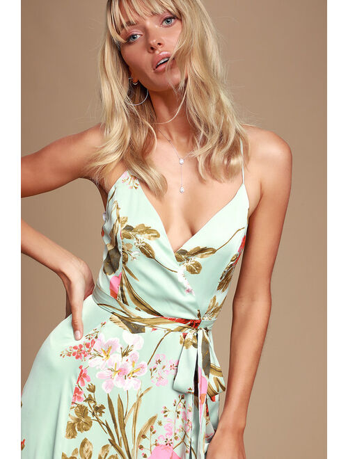 Lulus Still the One Sage Green Floral Print Satin Maxi Dress