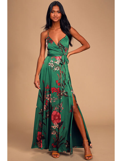 Lulus Still the One Sage Green Floral Print Satin Maxi Dress