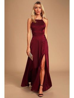 Total Beauty Burgundy Satin Backless Maxi Dress