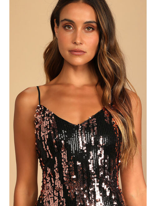 Lulus Bubbly Poppin' Rose Gold and Black Sequin Mini Dress