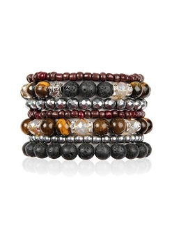 Bohemian Beaded Natural Stone Multi Strand Layer Stretch Bracelet - Volcano Lava Stone Aroma Therapy Oil Diffuser Prayer Bangle Set