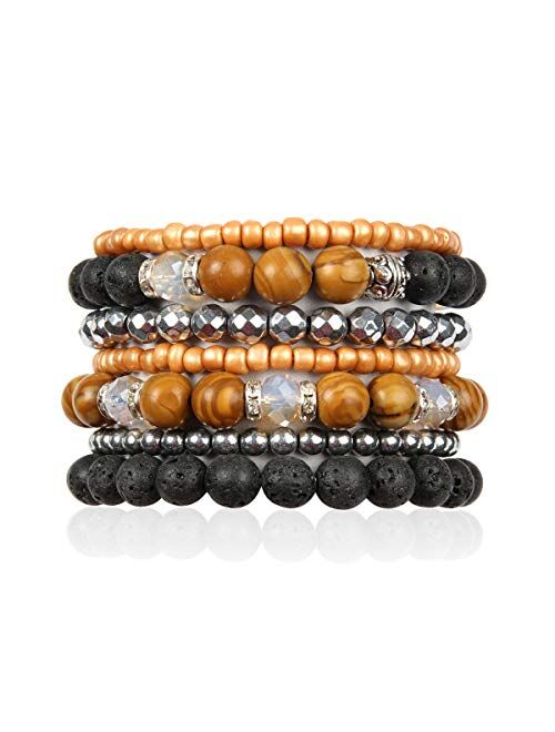 RIAH FASHION Bohemian Beaded Natural Stone Multi Strand Layer Stretch Bracelet - Volcano Lava Stone Aroma Therapy Oil Diffuser Prayer Bangle Set