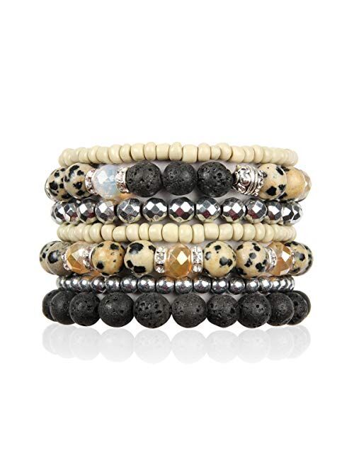 RIAH FASHION Bohemian Beaded Natural Stone Multi Strand Layer Stretch Bracelet - Volcano Lava Stone Aroma Therapy Oil Diffuser Prayer Bangle Set