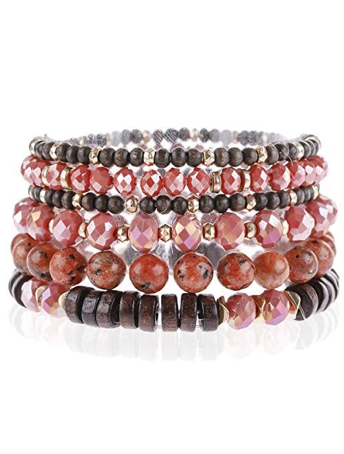 Riah Fashion Bohemian Natural Stone Beaded Multi Layer Stacking Statement Bracelets - Sparkly Crystal, Wood, Tassel Charm Stretch Prayer Cuff Bangle Set