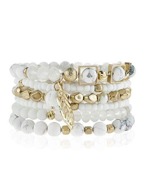 Riah Fashion Bohemian Natural Stone Beaded Multi Layer Stacking Statement Bracelets - Sparkly Crystal, Wood, Tassel Charm Stretch Prayer Cuff Bangle Set