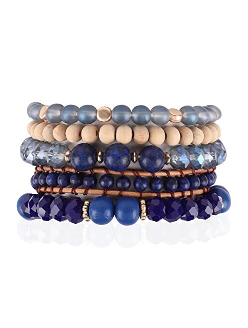 Riah Fashion Bohemian Natural Stone Beaded Multi Layer Stacking Statement Bracelets - Sparkly Crystal, Wood, Tassel Charm Stretch Prayer Cuff Bangle Set