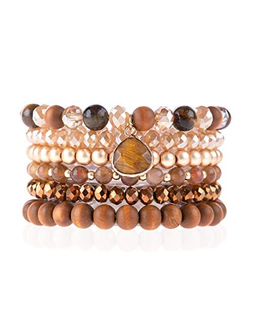 Riah Fashion Bohemian Natural Stone Beaded Multi Layer Stacking Statement Bracelets - Sparkly Crystal, Wood, Tassel Charm Stretch Prayer Cuff Bangle Set