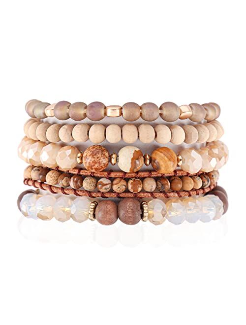 Riah Fashion Bohemian Natural Stone Beaded Multi Layer Stacking Statement Bracelets - Sparkly Crystal, Wood, Tassel Charm Stretch Prayer Cuff Bangle Set