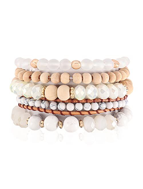 Riah Fashion Bohemian Natural Stone Beaded Multi Layer Stacking Statement Bracelets - Sparkly Crystal, Wood, Tassel Charm Stretch Prayer Cuff Bangle Set