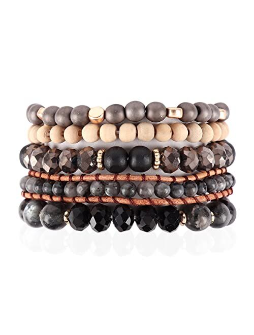 Riah Fashion Bohemian Natural Stone Beaded Multi Layer Stacking Statement Bracelets - Sparkly Crystal, Wood, Tassel Charm Stretch Prayer Cuff Bangle Set