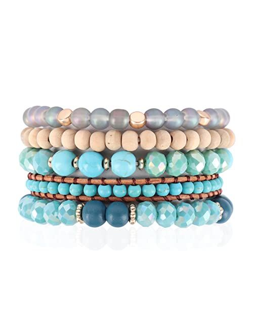 Riah Fashion Bohemian Natural Stone Beaded Multi Layer Stacking Statement Bracelets - Sparkly Crystal, Wood, Tassel Charm Stretch Prayer Cuff Bangle Set