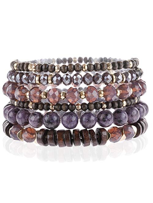 Riah Fashion Bohemian Natural Stone Beaded Multi Layer Stacking Statement Bracelets - Sparkly Crystal, Wood, Tassel Charm Stretch Prayer Cuff Bangle Set