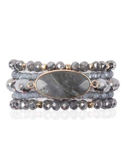 Bohemian Multi Layer Beaded Strand Stack Bracelets - Sparkly Crystal, Natural Stone Pendant, Rhinestone Bead Statement Stretch Adjustable Bangle Set