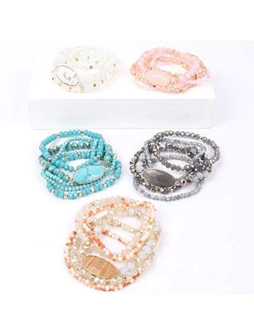 Riah Fashion Bohemian Multi Layer Beaded Strand Stack Bracelets - Sparkly Crystal, Natural Stone Pendant, Rhinestone Bead Statement Stretch Adjustable Bangle Set