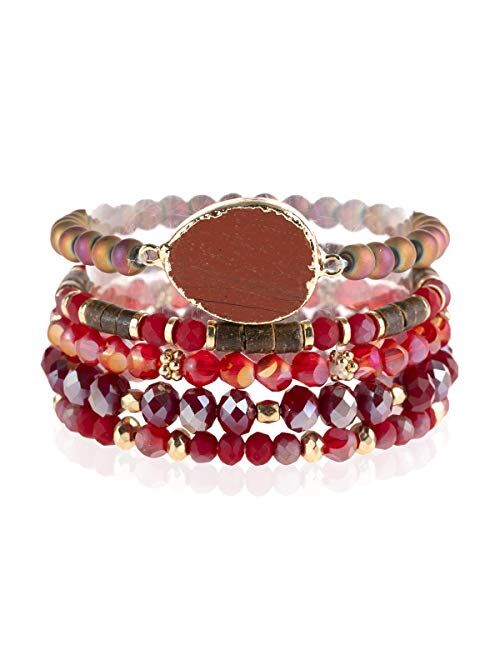 Riah Fashion Bohemian Multi Layer Beaded Strand Stack Bracelets - Sparkly Crystal, Natural Stone Pendant, Rhinestone Bead Statement Stretch Adjustable Bangle Set