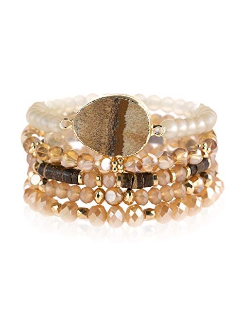 Riah Fashion Bohemian Multi Layer Beaded Strand Stack Bracelets - Sparkly Crystal, Natural Stone Pendant, Rhinestone Bead Statement Stretch Adjustable Bangle Set