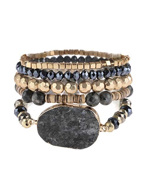 Riah Fashion Bohemian Multi Layer Beaded Strand Stack Bracelets - Sparkly Crystal, Natural Stone Pendant, Rhinestone Bead Statement Stretch Adjustable Bangle Set