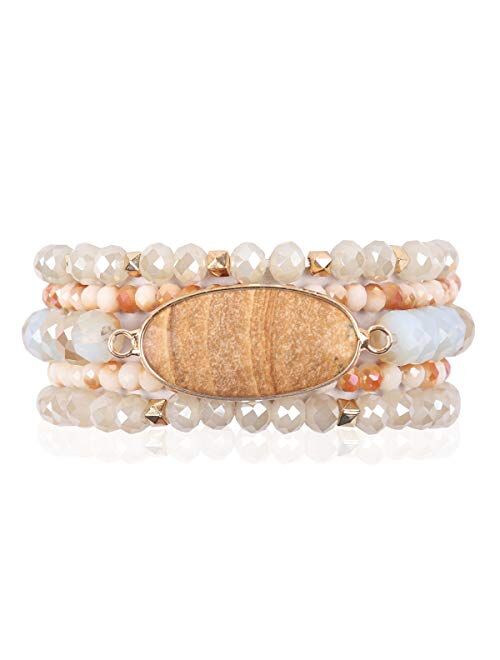 Riah Fashion Bohemian Multi Layer Beaded Strand Stack Bracelets - Sparkly Crystal, Natural Stone Pendant, Rhinestone Bead Statement Stretch Adjustable Bangle Set