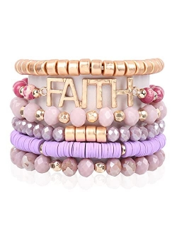 Inspirational Multi Layer Beaded Stackable Statement Bracelets - Religion Message Crystal, Natural Stone, Druzy Stretch Strand Slip-on Cuff Bible Christian Cross Prayer B