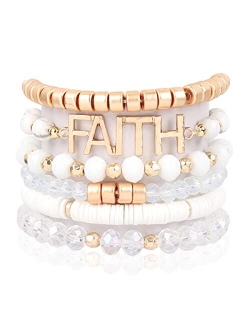 Inspirational Multi Layer Beaded Stackable Statement Bracelets - Religion Message Crystal, Natural Stone, Druzy Stretch Strand Slip-on Cuff Bible Christian Cross Prayer B