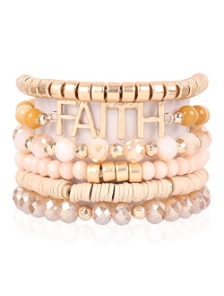 Inspirational Multi Layer Beaded Stackable Statement Bracelets - Religion Message Crystal, Natural Stone, Druzy Stretch Strand Slip-on Cuff Bible Christian Cross Prayer B