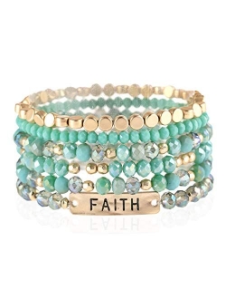 Inspirational Multi Layer Beaded Stackable Statement Bracelets - Religion Message Crystal, Natural Stone, Druzy Stretch Strand Slip-on Cuff Bible Christian Cross Prayer B