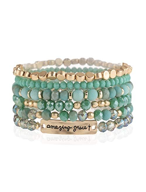 Riah Fashion Inspirational Multi Layer Beaded Stackable Statement Bracelets - Religion Message Crystal, Natural Stone, Druzy Stretch Strand Slip-on Cuff Bible Christian Cross Prayer B