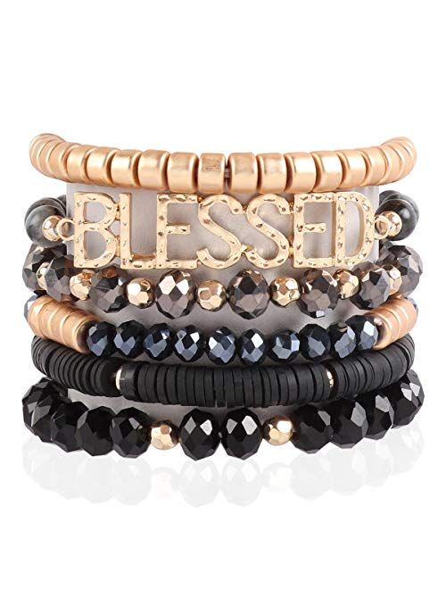 Riah Fashion Inspirational Multi Layer Beaded Stackable Statement Bracelets - Religion Message Crystal, Natural Stone, Druzy Stretch Strand Slip-on Cuff Bible Christian Cross Prayer B