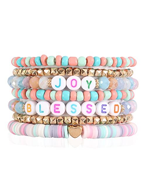 Riah Fashion Inspirational Multi Layer Beaded Stackable Statement Bracelets - Religion Message Crystal, Natural Stone, Druzy Stretch Strand Slip-on Cuff Bible Christian Cross Prayer B