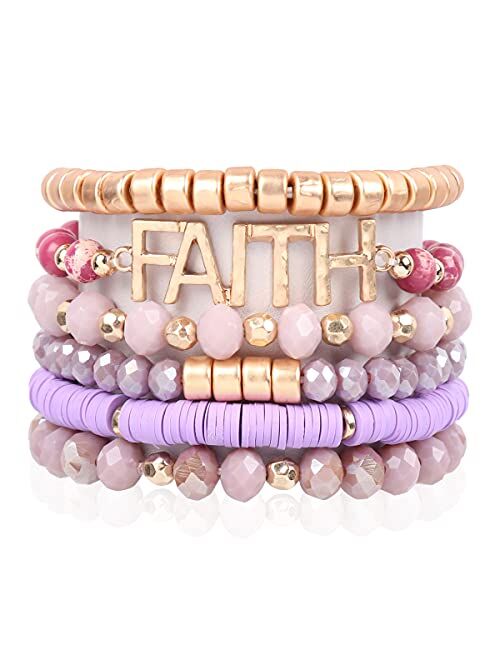 Riah Fashion Inspirational Multi Layer Beaded Stackable Statement Bracelets - Religion Message Crystal, Natural Stone, Druzy Stretch Strand Slip-on Cuff Bible Christian Cross Prayer B