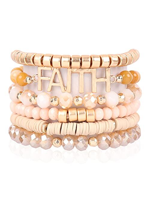 Riah Fashion Inspirational Multi Layer Beaded Stackable Statement Bracelets - Religion Message Crystal, Natural Stone, Druzy Stretch Strand Slip-on Cuff Bible Christian Cross Prayer B