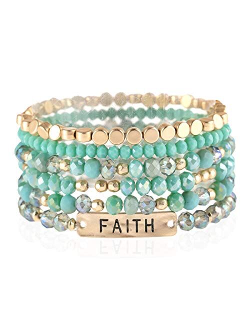 Riah Fashion Inspirational Multi Layer Beaded Stackable Statement Bracelets - Religion Message Crystal, Natural Stone, Druzy Stretch Strand Slip-on Cuff Bible Christian Cross Prayer B