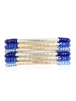 Bohemian Multi-Layer Beaded Stacking Statement Bracelets - Versatile Stretch Strand Sparkly Crystal Delicate Bar Slip-on Cuff Bangle Set