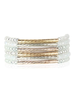 Bohemian Multi-Layer Beaded Stacking Statement Bracelets - Versatile Stretch Strand Sparkly Crystal Delicate Bar Slip-on Cuff Bangle Set