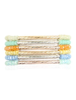 Bohemian Multi-Layer Beaded Stacking Statement Bracelets - Versatile Stretch Strand Sparkly Crystal Delicate Bar Slip-on Cuff Bangle Set