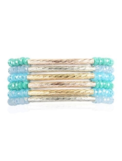 Bohemian Multi-Layer Beaded Stacking Statement Bracelets - Versatile Stretch Strand Sparkly Crystal Delicate Bar Slip-on Cuff Bangle Set