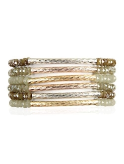 Bohemian Multi-Layer Beaded Stacking Statement Bracelets - Versatile Stretch Strand Sparkly Crystal Delicate Bar Slip-on Cuff Bangle Set