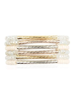 Bohemian Multi-Layer Beaded Stacking Statement Bracelets - Versatile Stretch Strand Sparkly Crystal Delicate Bar Slip-on Cuff Bangle Set