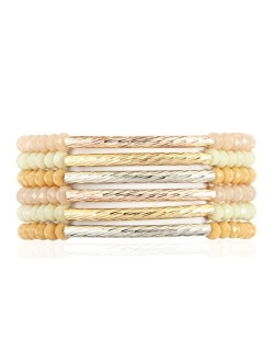 Bohemian Multi-Layer Beaded Stacking Statement Bracelets - Versatile Stretch Strand Sparkly Crystal Delicate Bar Slip-on Cuff Bangle Set