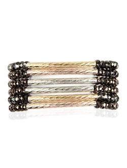 Bohemian Multi-Layer Beaded Stacking Statement Bracelets - Versatile Stretch Strand Sparkly Crystal Delicate Bar Slip-on Cuff Bangle Set