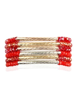 Bohemian Multi-Layer Beaded Stacking Statement Bracelets - Versatile Stretch Strand Sparkly Crystal Delicate Bar Slip-on Cuff Bangle Set