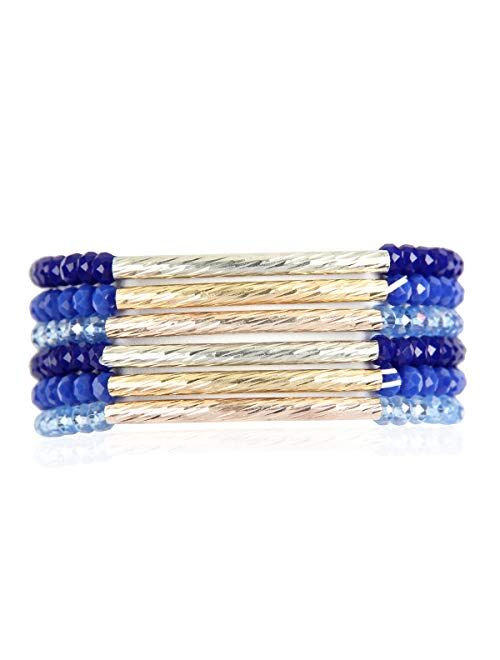 RIAH FASHION Bohemian Multi-Layer Beaded Stacking Statement Bracelets - Versatile Stretch Strand Sparkly Crystal Delicate Bar Slip-on Cuff Bangle Set