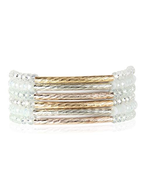 RIAH FASHION Bohemian Multi-Layer Beaded Stacking Statement Bracelets - Versatile Stretch Strand Sparkly Crystal Delicate Bar Slip-on Cuff Bangle Set